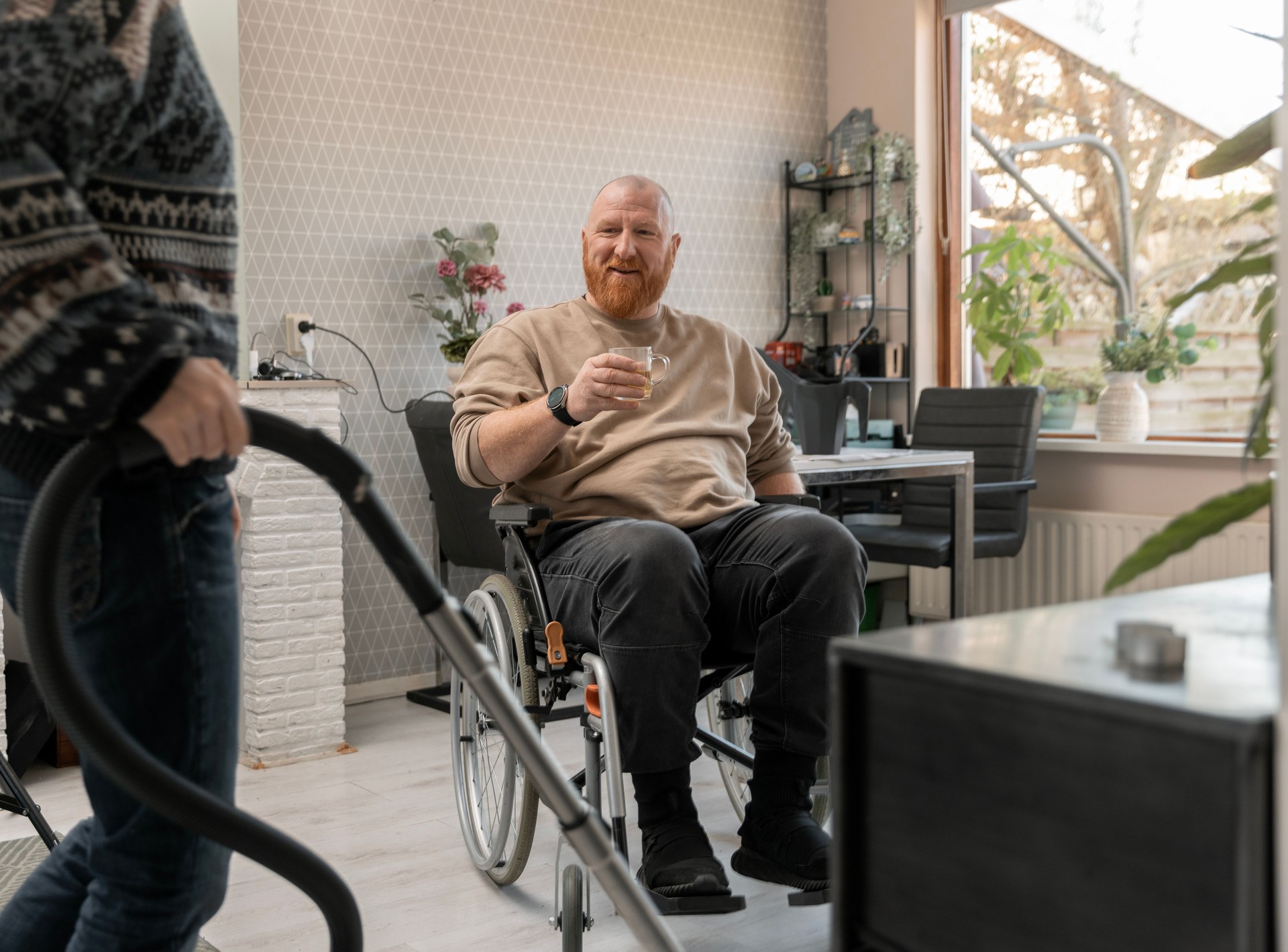 A disabled redhead father parenting his beautiful blonde daughter at home during their daily chores routine